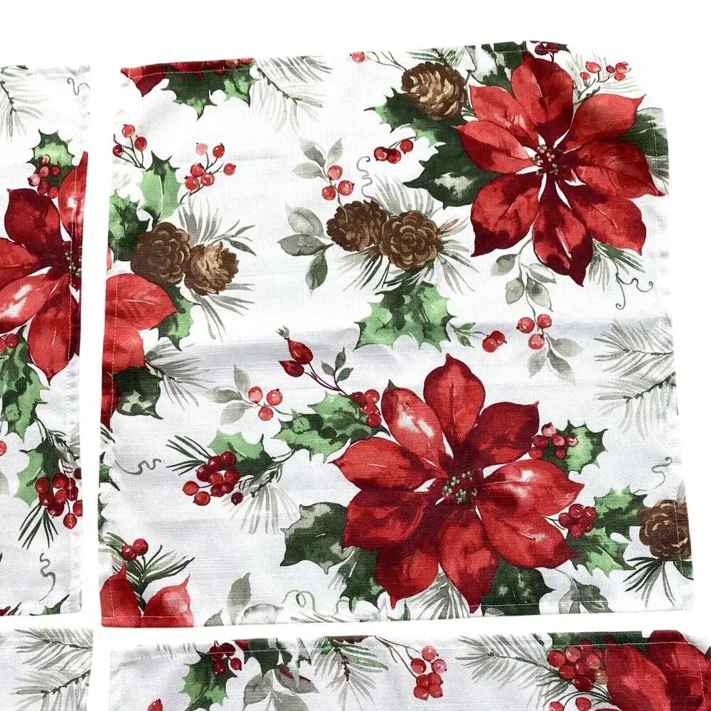 Christmas Napkins set (4) festive printed cloth red poinsettias & greenery